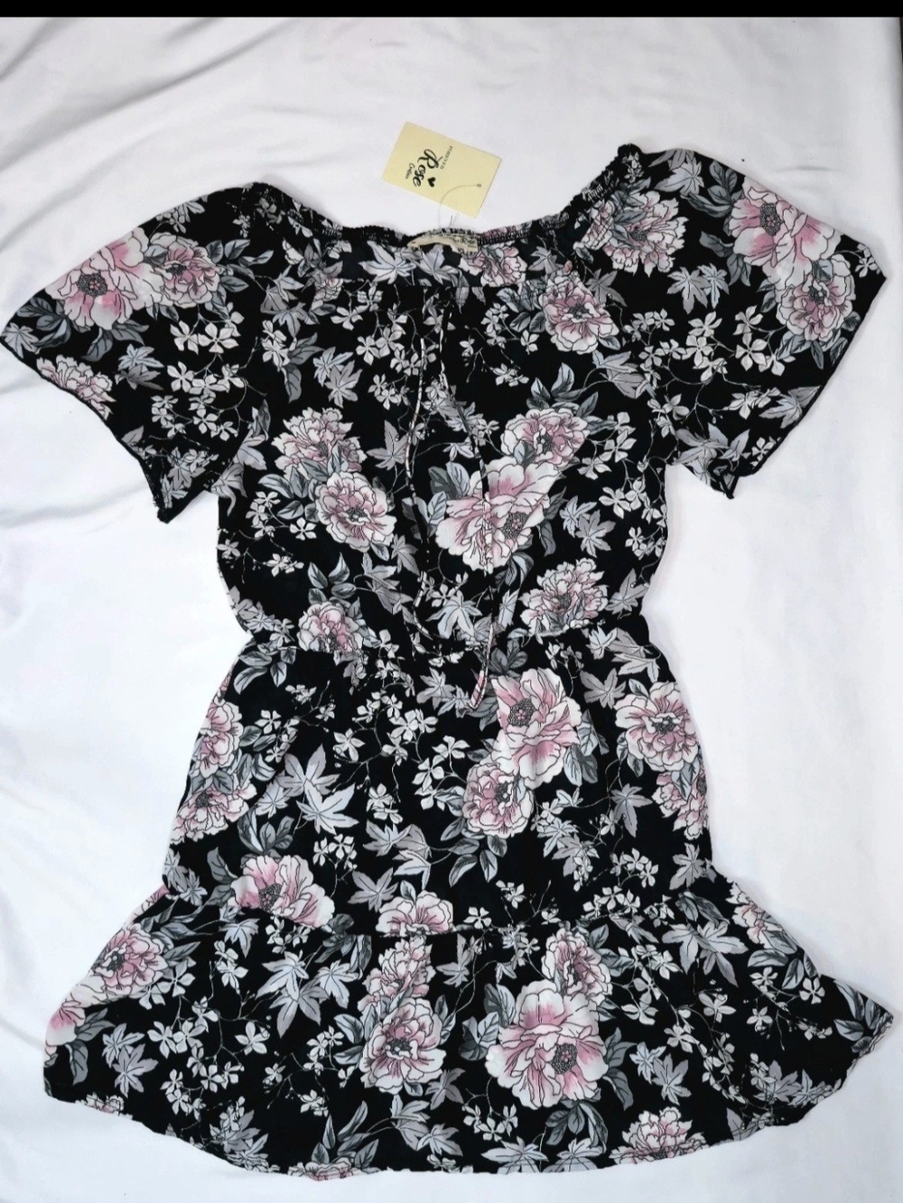 NWT Forever Rose Couture Women Mini Dress Medium Black Floral Off Shoulder Ruffl